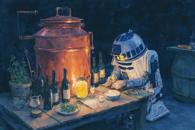 Steampunk Kitchen R2D2 Chef Dark Illustration