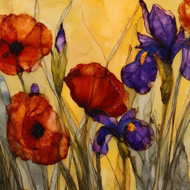 Red Poppies and Irises Abstract Painting