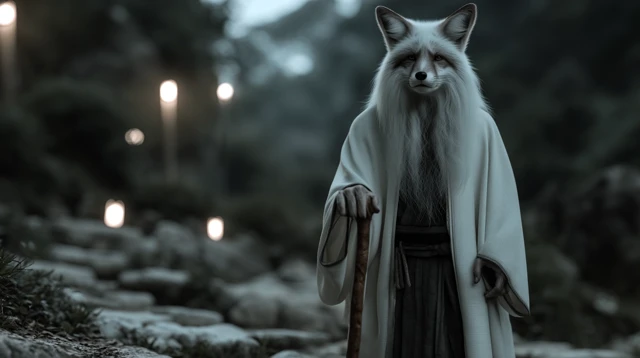 Wise Fox Spirit in Hanfu at Night Illustration