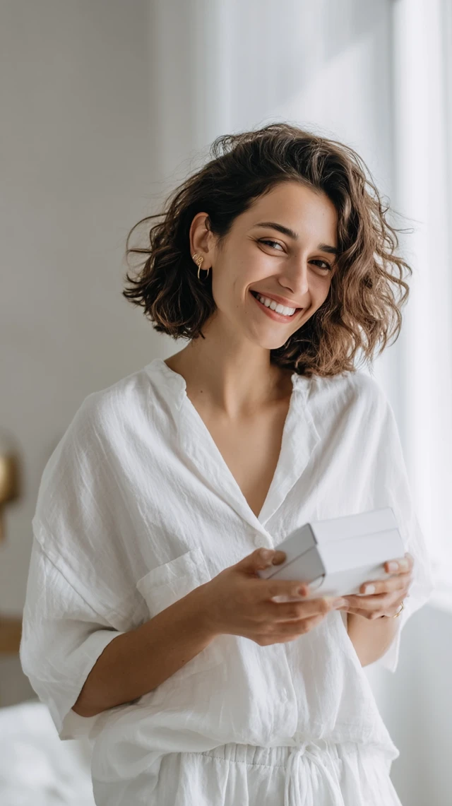 Happy Woman Unboxing Package in Modern Room