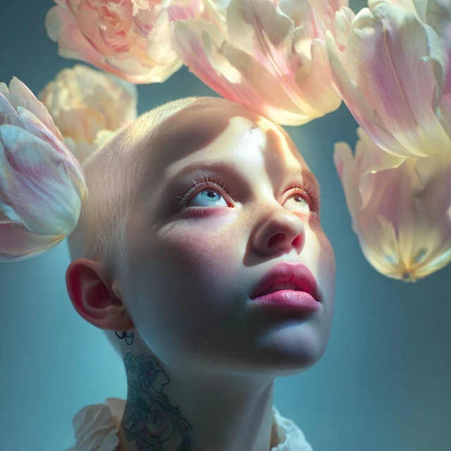 Albino Woman with Flower Head Portrait