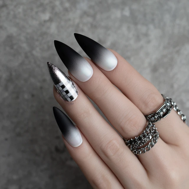 Sharp Nail Design Matte Black Pearl White Gradient