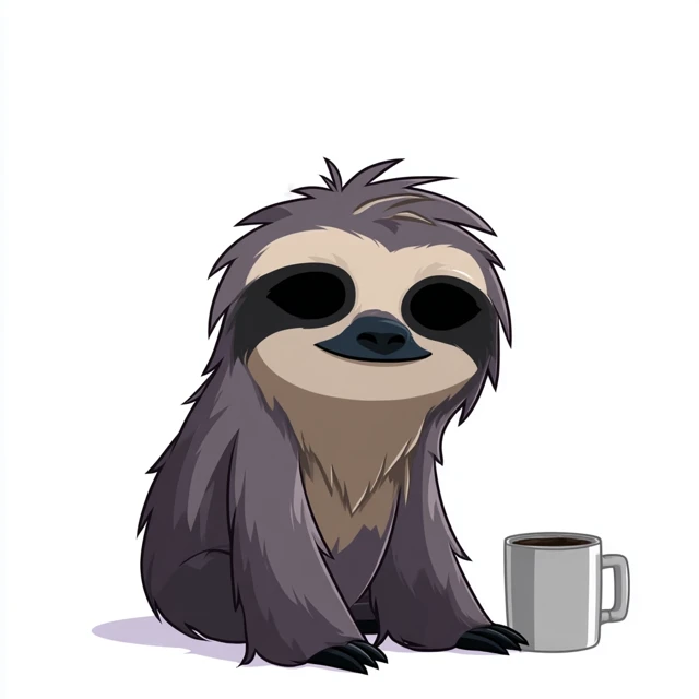 Tired Cartoon Sloth with Coffee Illustration