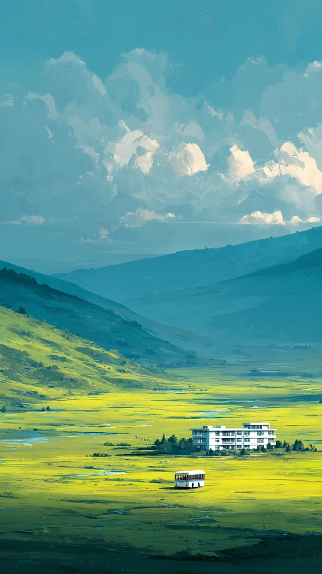 Green Meadow Landscape with Bus and School