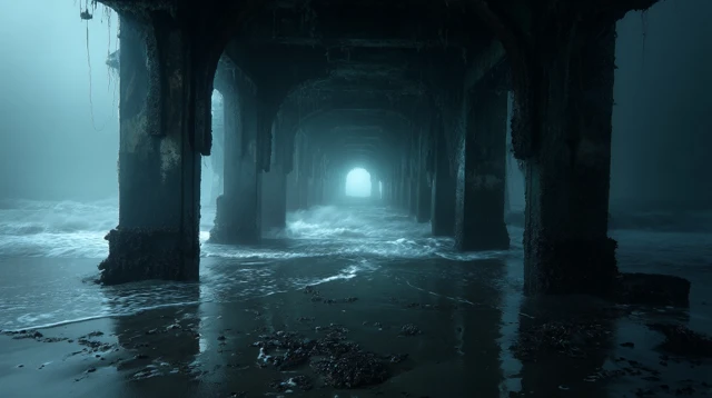 Mysterious Pier in the Mist A Haunting Seaside Scene
