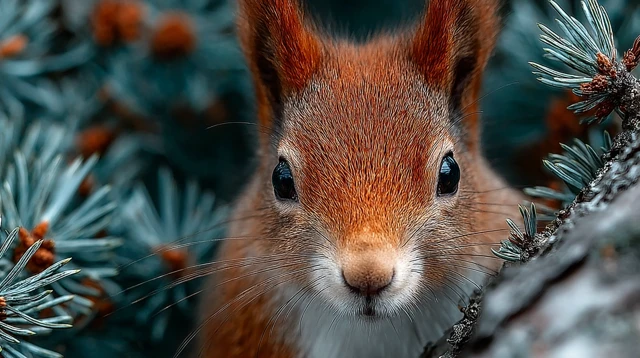 Hyperrealistic Red Squirrel on a Pine Branch Wildlife