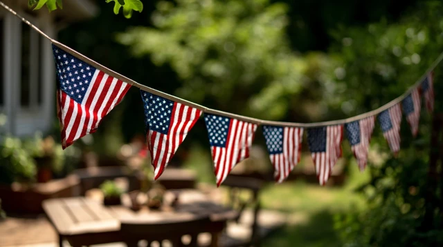 American Backyard BBQ with Flags Photo