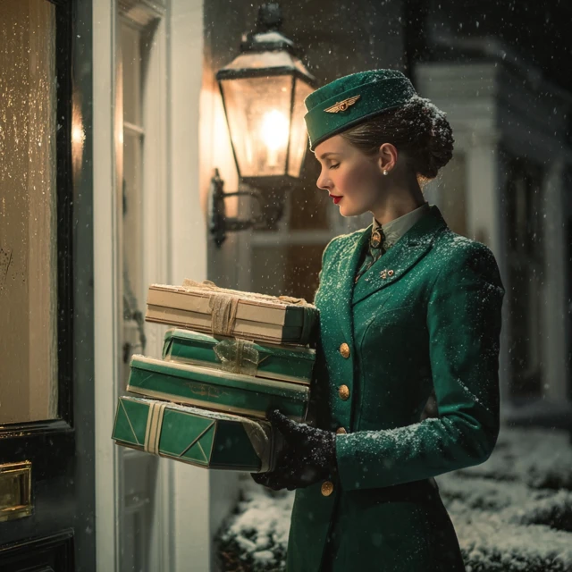 Concierge with Gifts in Winter Scene