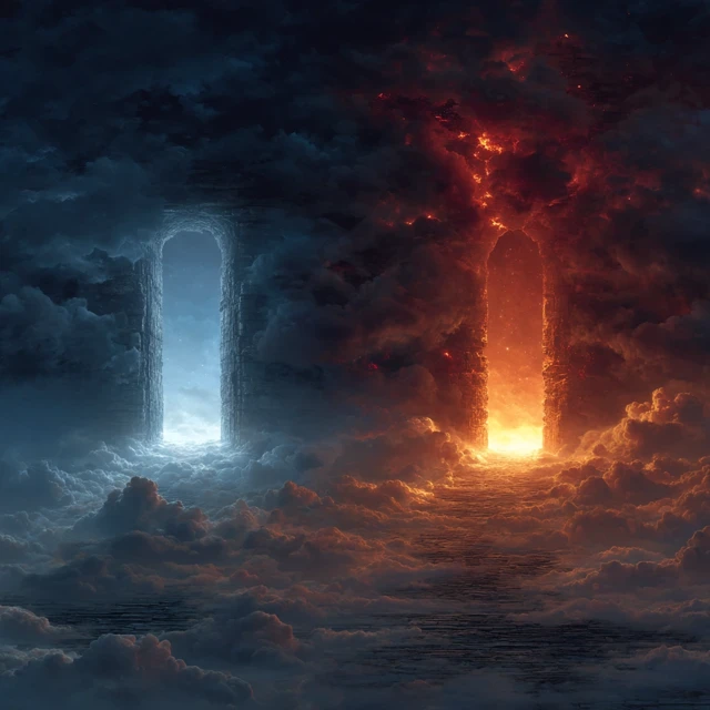 Fantasy Doors Blue Light and Red Lava Sky Scene