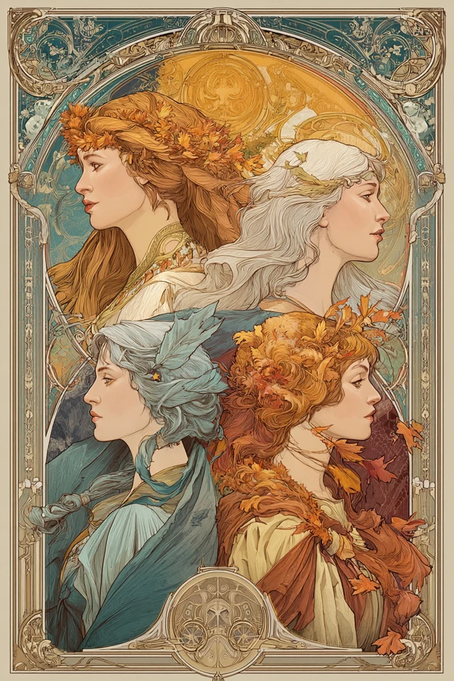 Mucha Style Witches Elements Art Nouveau Poster