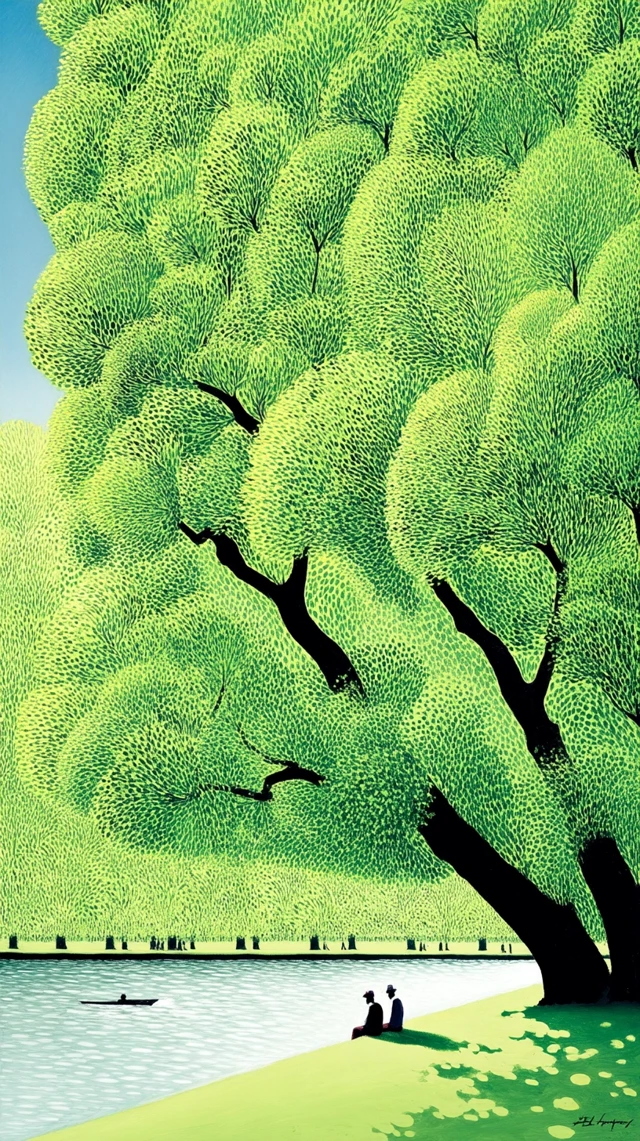 Tranquil Scene: Green Tree Painting with Figures