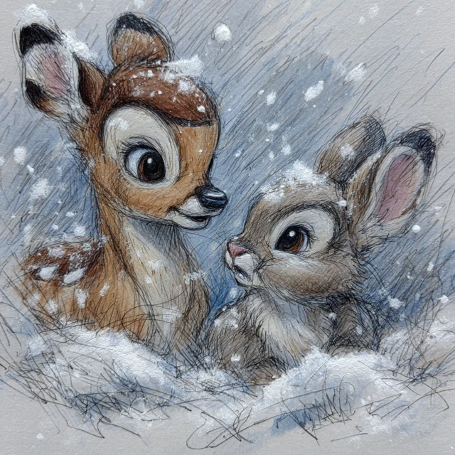 Bambi and Thumper in the Snow Pencil Sketch