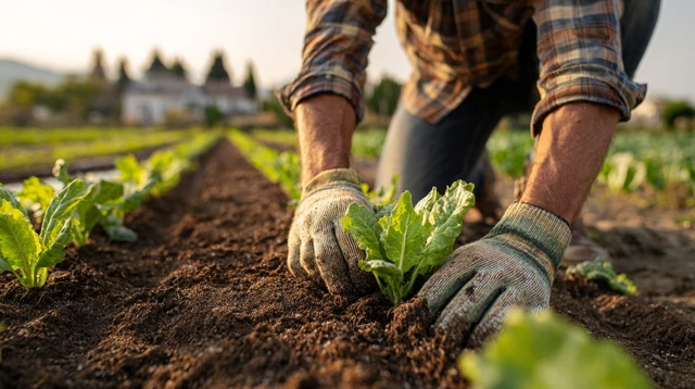 Farmer Planting Greens Sustainable Agriculture