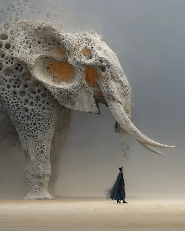 Surreal Elephant Creature and Figure in a Pale Plain
