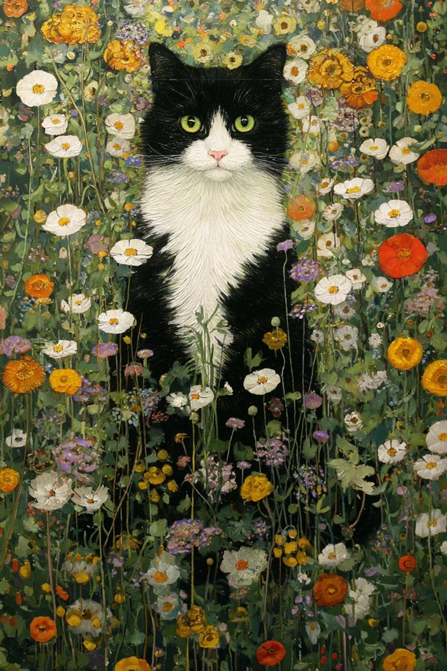 Cat in Wildflowers Klimt Style Painting