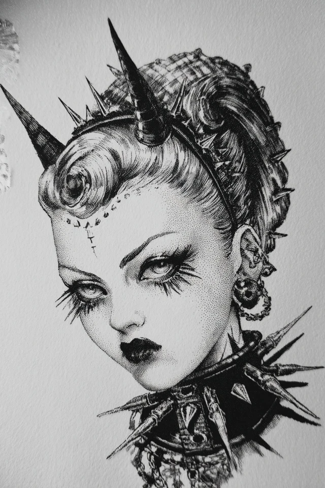 Gothic Punk Doll Illustration Monochrome Art