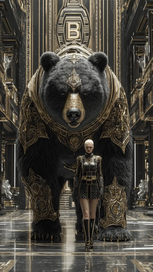 Balmain Guardian Bear: Couture Fashion in Opulent Hall
