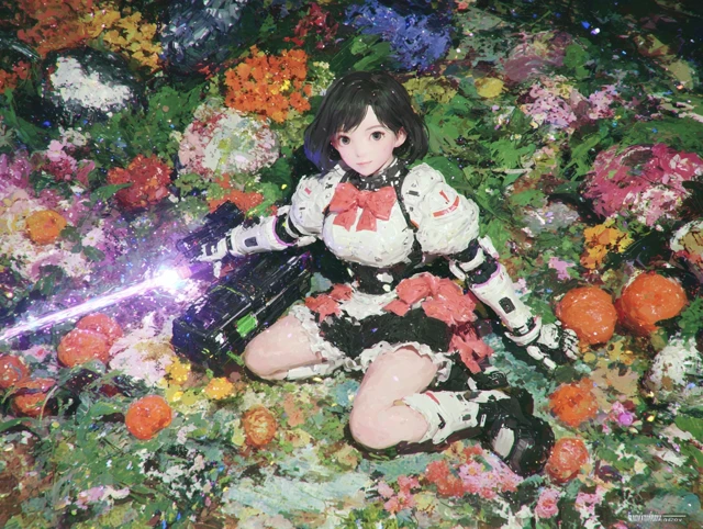 Cyberpunk Cyborg Woman in a Field of Flowers