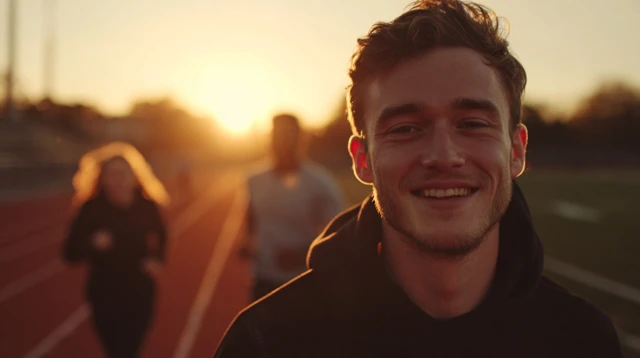 Man Running Track Smiling at Camera Cinematic Still
