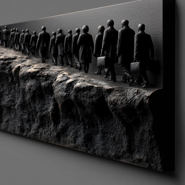3D Sculpture of Businessmen Walking to a Cliff