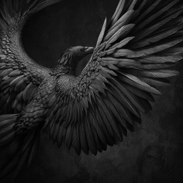 Raven in Flight Grayscale Surreal Art