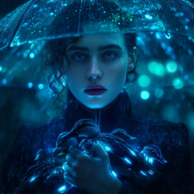 Rainy Day Portrait Woman Ducks Electric Light