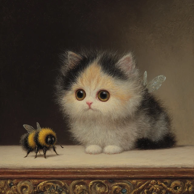 Bee Cat 19th Century Painting Kitten and Bee
