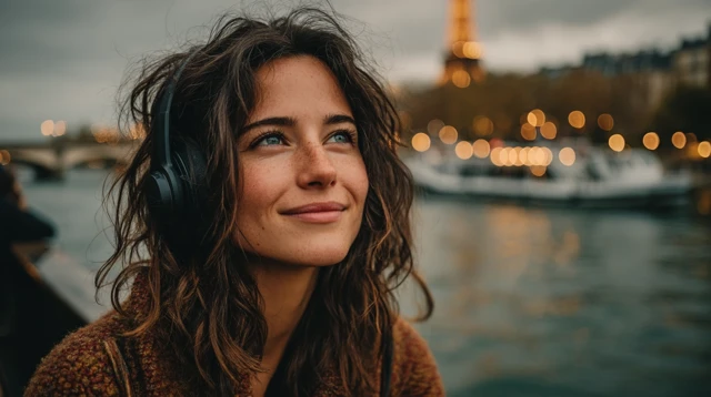 Parisian Woman Listening to Music by the Seine River