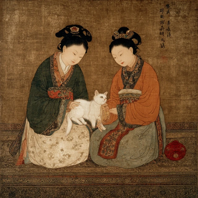 Chinese Painting Women and Cat