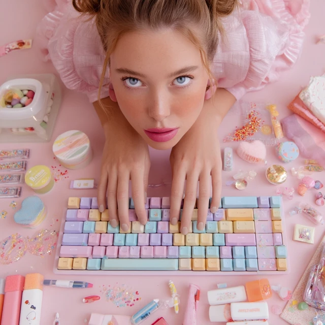 Y2K Editorial Model with Pastel Keyboard and Accessories