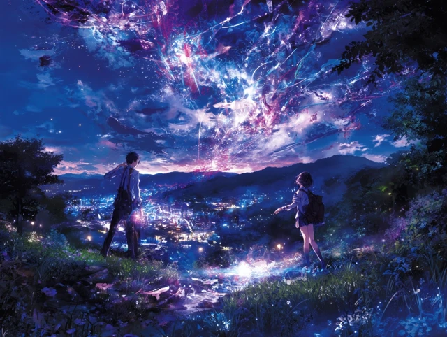 Dreamy Anime Landscape Aurora Children City View