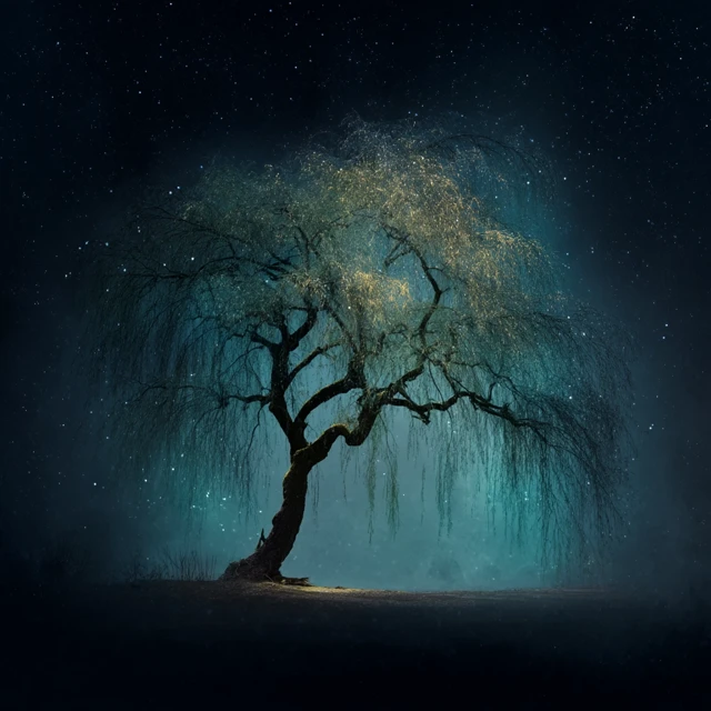 Willow Tree on a Starry Night Teal Backlighting