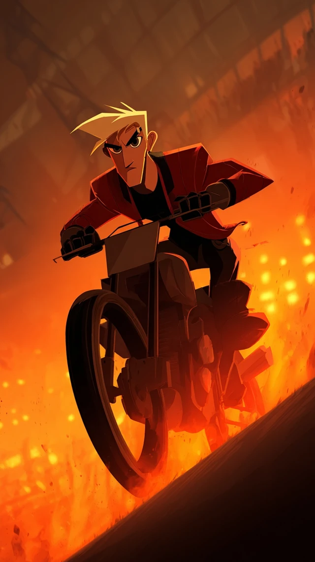 Motorcycle Stuntman Through Fire Cartoon Style