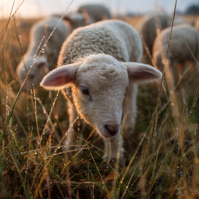 Lamb Grazing in Morning Grassland Dewdrops