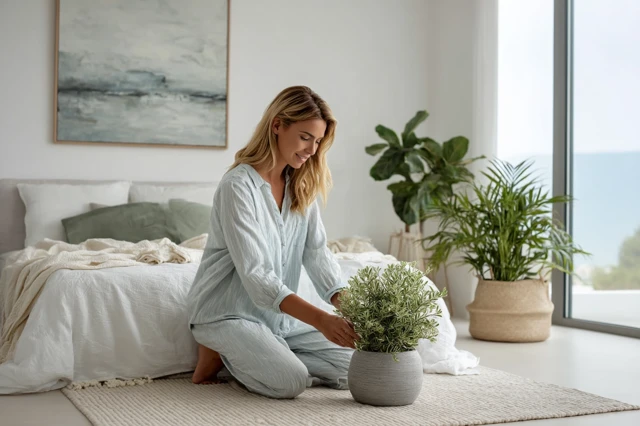 Woman Decorating Modern Bedroom Cozy Atmosphere