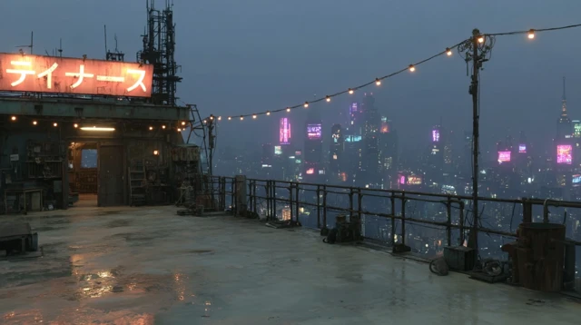 Cyberpunk Rooftop Dusk Cityscape