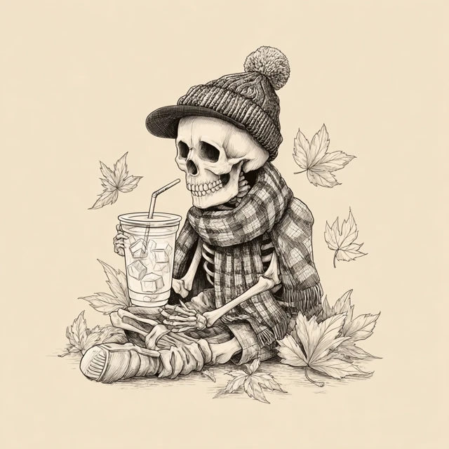 Cute Skeleton with Coffee Autumn Vibes Tee Design