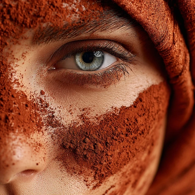 Woman with Red Clay Face Treatment Closeup