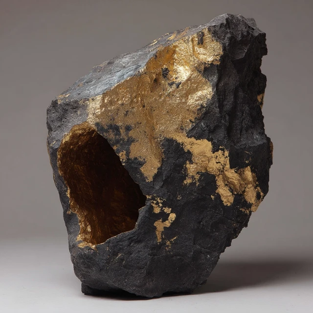 Abstract Sculpture Black Rock with Gold