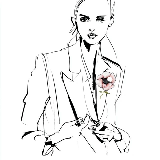 Fashion Illustration Woman with Floral Brooch