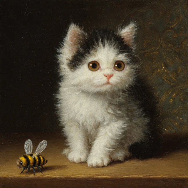 Bee Cat 19th Century Painting Kitten and Bee