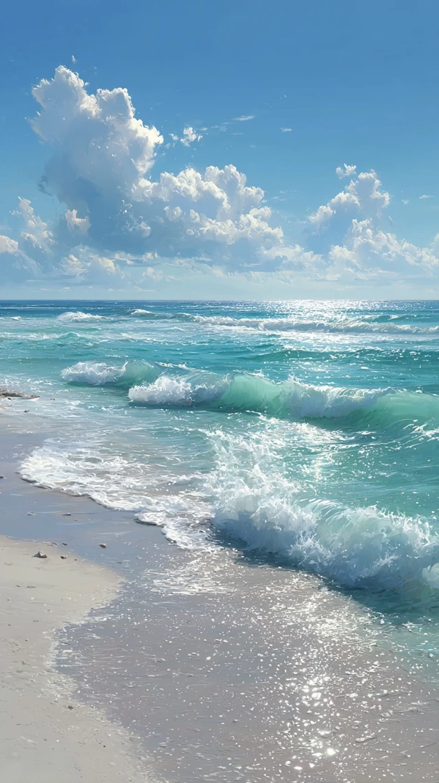 Photorealistic Beach Scene Ocean Waves Clear Sky