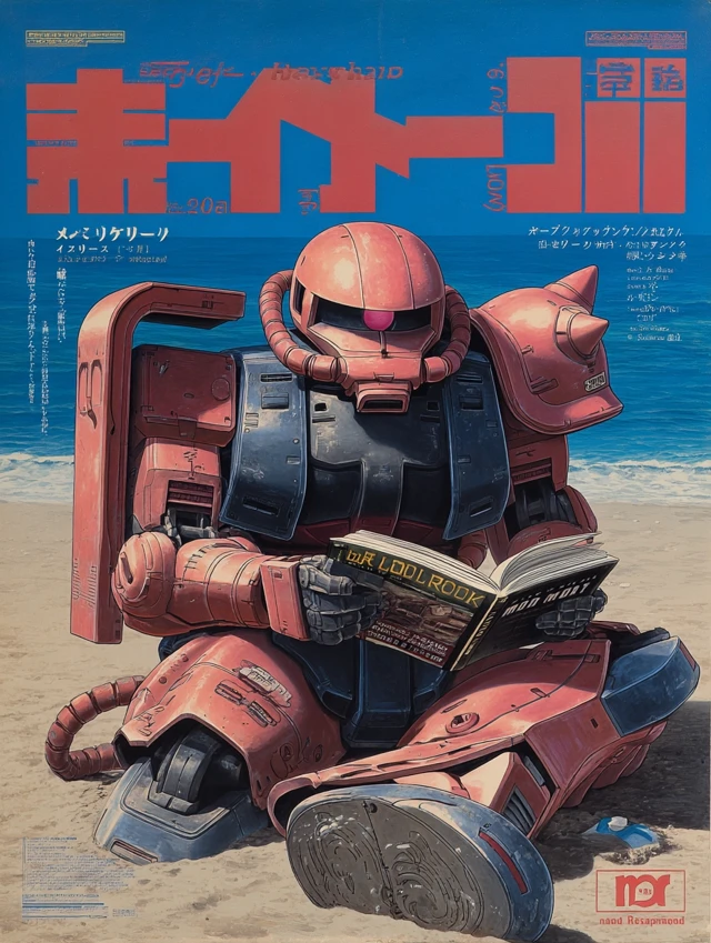 Zaku II Vintage Poster Reading on Beach