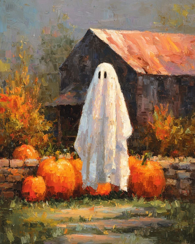 Vintage Ghost in a Pumpkin Patch Oil Painting