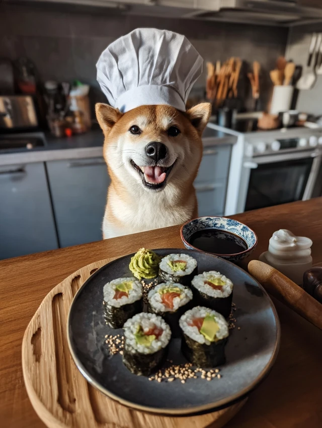 Shiba Inu Chef with Sushi Delight