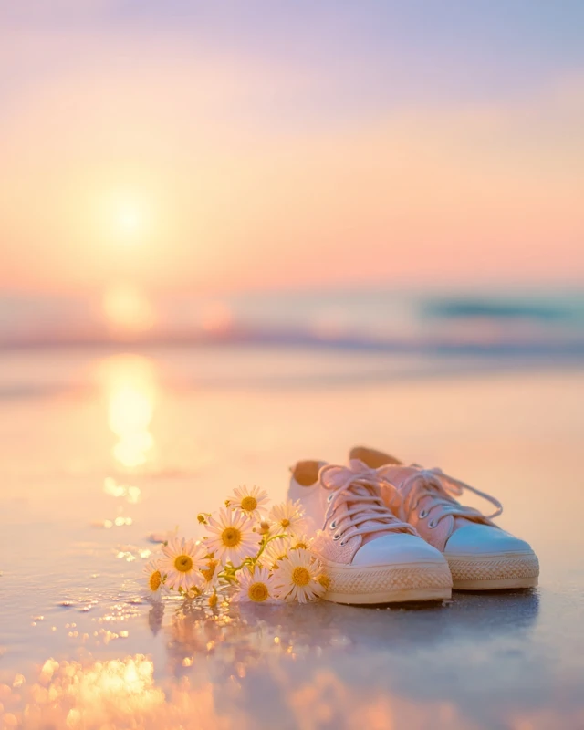 Sunrise Beach with Shoes and Flowers