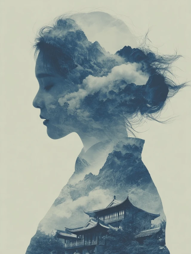 Ethereal Woman in Double Exposure Chinese Art