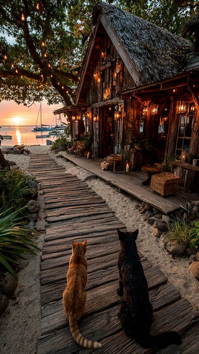 Rustic Cabin with Cat and Dog Sunrise Scene