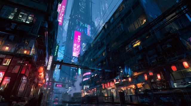 Cyberpunk City Intersection Detailed Street View
