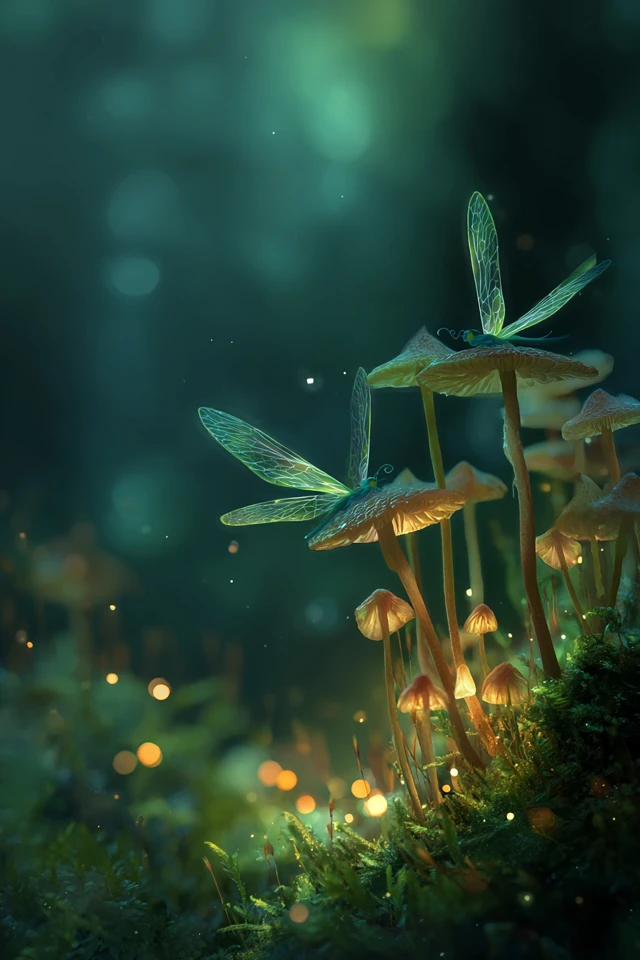 Dreamy Forest Scene Fairies and Mushrooms